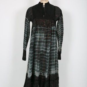 Vintage 70s Bohemian Dress Black Tie Dye Cotton with Rainbow Metallic Thread